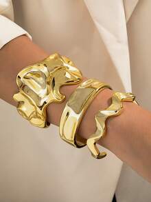 Set de 3 piezas de brazaletes anchos de acrílico con pliegues geométricos de moda, uso versátil diario para mujeres - Dorado - Ver 6
