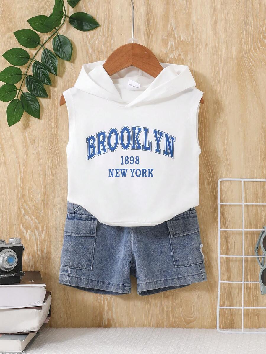 2pcs/Set Toddler Boys' Casual Letter Print Sleeveless Hoodie Top And Denim Shorts Set, Summer