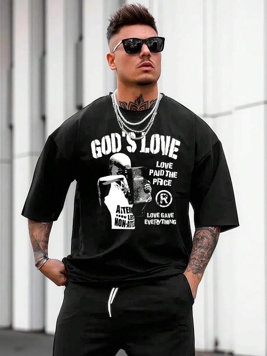 1 Piece Men Cotton Solid Color English Letter Gods Love Printed Short Sleeved Round Neck T Shirt Suitable For Daily Wear Going Out Leisure Sports School Travel Family Gatherings And Other Occasions Short Sleeved T Shirt Summer T Shirt Multiple T Shirts Can Be Given As Gifts To Family Members 2000s Y2k Style - Negro - Ver 1