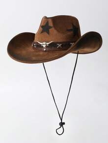 1pc Unisex Handmade Painted Star Pattern Ombre Windproof Rope Wide Brim Hat, Fashion New Faux Leather Band Western Cowboy Hat, Versatile Casual Fedora, Suitable For Daily Wear, Parties, Western Themed Events, Gatherings, Cosplay, Graduation, Masquerade, Festivals, Birthdays, Concerts - Top Hat - View 8