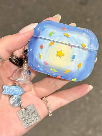 Estuche protector para auriculares compatible con 1 2 3 Pro 2 Pro 3 con diseño lindo de pez koi azul en remolino y cadena