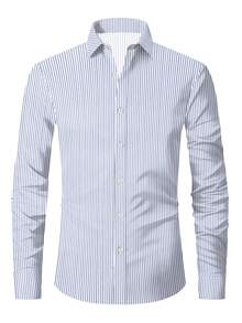 男士棉混纺牛津布竖条纹奢华休闲抗皱长袖衬衫，春秋季 - 灰色 - 查看 6