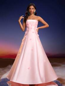 Vestido maxi con espalda descubierta, corpiño de satén lujoso con estampado floral de Anymoon, adecuado para graduación, baile de graduación, dama de honor, gala de alta gama, fiesta de compromiso, celebración del Eid - Rosa - Ver 4