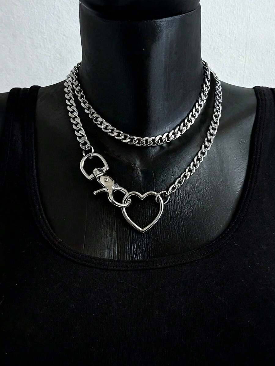 1PC Hiphop Hollow Heart Slip Chain Necklace For Couple Heart O-Ring Chunky Chain Necklace Choker With Adjustable Tail Necklace Gothic Jewelry - 項鍊 - 查看 1