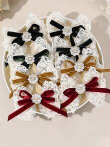 2Pcs Elegant Large Lace Bow Hair Clips For Girls - Burgundy, Green, Black, Khaki & White Floral Barrettes With Ribbon-Like Bows, Hair Accessories For, Weddings, Prom, Christmas, Valentine's Day Gifts (Lace Hair Clips For Braids) - A Pair - View 1