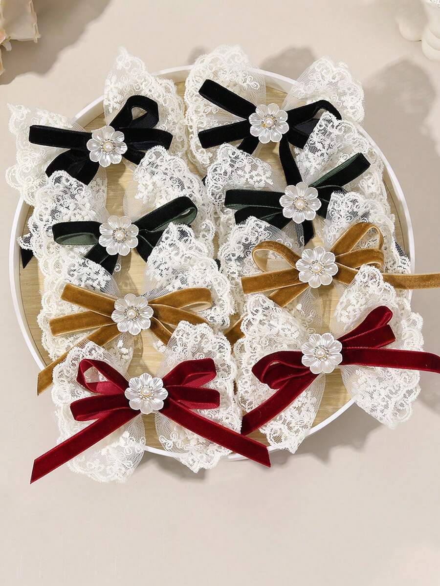 2Pcs Elegant Large Lace Bow Hair Clips For Girls - Burgundy, Green, Black, Khaki & White Floral Barrettes With Ribbon-Like Bows, Hair Accessories For, Weddings, Prom, Christmas, Valentine's Day Gifts (Lace Hair Clips For Braids) - A Pair - View 1