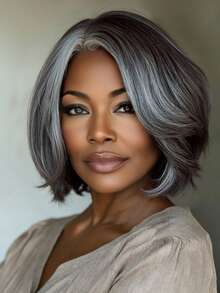 Short Bobbed Wig, Yaki Straight Synthetic Fiber Side Part Short Wig, Soft & Fluffy Yaki Wig, Suitable For Women/Mothers, Straight Bobbed Wig, Short Pixie Wig, Ombre Gray/Brown/Black Wig, Suitable For Daily Wear Or Parties - Gray Highlight - View 2