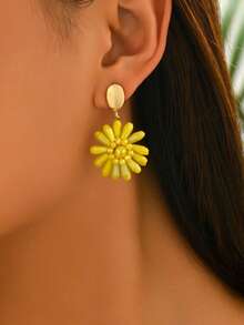 1 par de pendientes de margarita vintage estilo bohemio hechos a mano con cuentas coloridas, adecuados para que las mujeres los usen en citas diarias, fiestas, reuniones, vacaciones, festivales de música, bodas y cualquier ocasión - Amarillo - Ver 6
