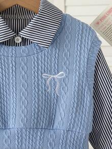 Young Girls School Uniform Bow Embroidery Knit Vest + Striped Long Sleeve Collared Shirt Dress 2-Piece Set - Dusty Blue - View 9