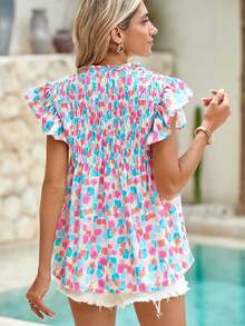 Acelitt Pull-over à manches volantées col V imprimé abstrait mode été - Multicolore - Voir 2