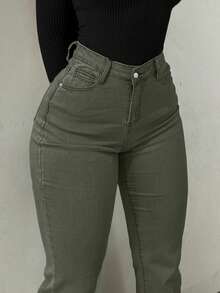 GILIPUR New Olive Green Y2K Flare Jeans For Women, High-Waisted Slim Fit Stretchy, Elegant & Fashionable Casual, Retro Street Style, Suitable For Winter & Spring, Perfect For New Year, Valentine's Day And Other Holidays, Also An Ideal Gift Choice. Sophisticated Yet Casual Appearance, Ideal For Formal Parties, Casual Dinners And Concerts. - Army Green - View 4