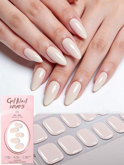 Bộ 16 miếng dán móng tay gel bán khô, màu nude, rất cần thiết cho việc đi lại hàng ngày, thiết kế màu hồng nhạt trang nhã, tự dính, che phủ toàn bộ móng, cần đèn UV, dễ dán và dễ gỡ, phù hợp cho phụ nữ và các bạn gái sử dụng hàng ngày khi đi làm, dự tiệc, hẹn hò và các dịp khác để tự làm móng. Dụng cụ làm móng