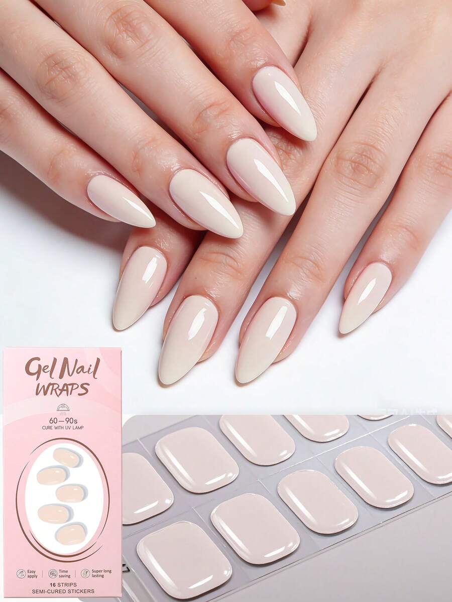 Bộ 16 miếng dán móng tay gel bán khô, màu nude, rất cần thiết cho việc đi lại hàng ngày, thiết kế màu hồng nhạt trang nhã, tự dính, che phủ toàn bộ móng, cần đèn UV, dễ dán và dễ gỡ, phù hợp cho phụ nữ và các bạn gái sử dụng hàng ngày khi đi làm, dự tiệc, hẹn hò và các dịp khác để tự làm móng. Dụng cụ làm móng