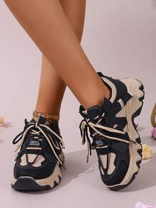 Women's Patchwork Casual Platform Sneakers, Wedge Heel Chunky Sneakers - 黑色 - 查看 10