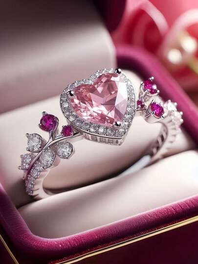 1 pieza Anillo con forma de corazón romántico de circonita cúbica, regalo del Día de San Valentín para mujeres, adecuado para boda, compromiso, aniversario, fiesta y otras ocasiones