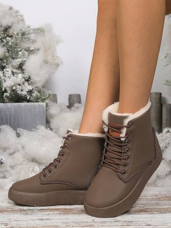 Damstövlar i konstläder, Varmt termiskt foder, Tjock sula, Snörning, Ledigt, Halkfritt, Lämpligt för vardagsbruk i kallt väder