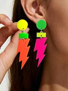 2pcs Fashionable Geometric Circle, Rectangle, Lightning Shaped Acrylic Long Earrings For Women - Geometric Lightning - View 1