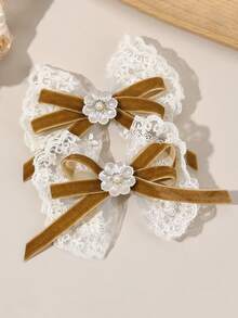 2Pcs Elegant Large Lace Bow Hair Clips For Girls - Burgundy, Green, Black, Khaki & White Floral Barrettes With Ribbon-Like Bows, Hair Accessories For, Weddings, Prom, Christmas, Valentine's Day Gifts (Lace Hair Clips For Braids) - A Pair - View 10