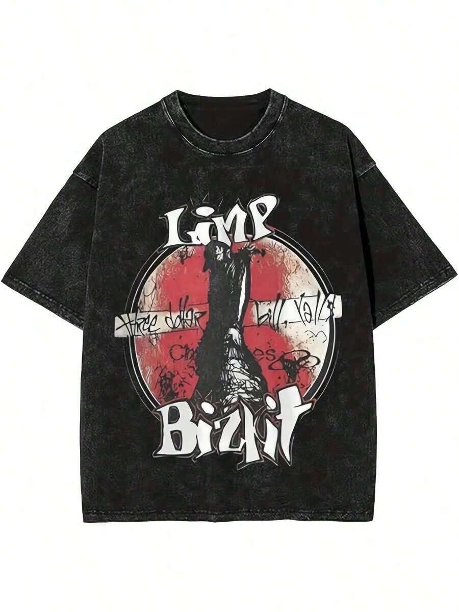 Camiseta Gráfica Vintage para Hombre "Limp Bizkit" - Negra con Impresión Blanca, Corte Holgado, Manga Corta, Cuello Redondo, Estilo Casual de Calle para Atuendo Casual, Ropa de Calle Casual| Camiseta de impresión vintage| Ropa Casual Duradera - Negro - Ver 1