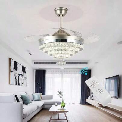 42 Inch Modern Crystal Invisible Ceiling Fan Light For Living Room Bedroom Study Room Office Restaurant