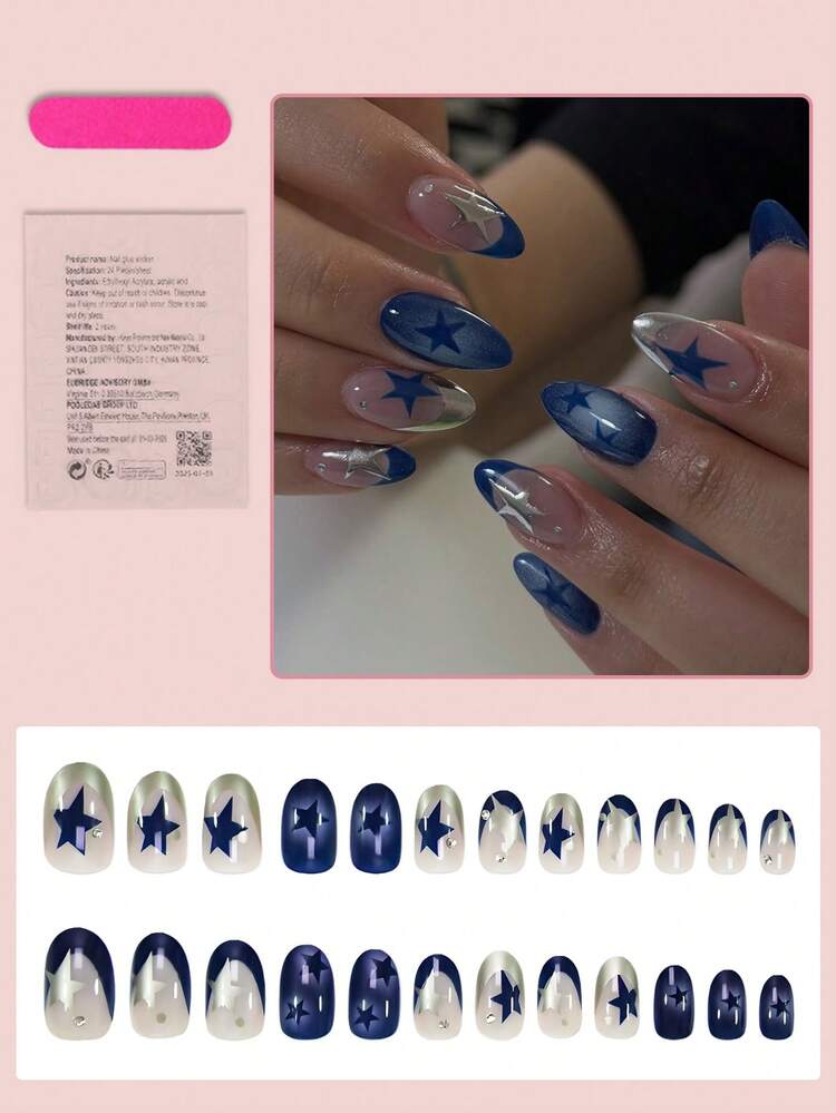 24 piezas de uñas postizas ovaladas cortas, diseño de puntas francesas azules y plateadas con lunares plateados y rhinestones, uñas artificiales de cobertura completa brillante, adecuadas para mujeres y niñas para uso diario, citas y fiestas - Multicolor - Añade 2
