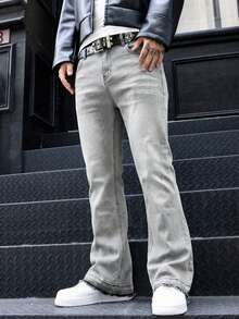 BAZR Men's Flared Jeans, Slim Fit Distressed Flare Leg Jeans, Y2K Stacked Jeans, Contrast Wash Embroidered Jeans, Suitable For All Seasons - Grey - View 5