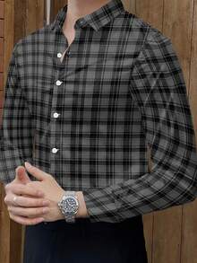 男士经典格子衬衫，100% 涤纶，四季皆宜，修身剪裁，成熟领型，面料略带弹性，纽扣细节 - 黑色 - 查看 5