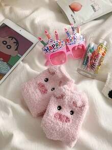 1 Pair Women's Pink Cute Plush Pig Design Warm Thermal Lined Short Socks, Autumn/Winter - Pink - View 1