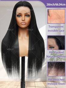 VIOLLY Glueless 5x5 Pre Cut Closure Lace Human Hair Blended Hair And 13x4 Large Area HD Transparent Lace Front Brazilian Virgin Hair Wig 180% Density Natural Black Color Straight Hair - Pre-Plucked Hairline And Baby Hairs - Ready To Wear No Glue For Women