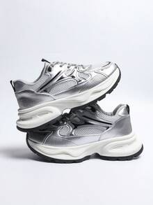 女士户外休闲运动鞋 厚底厚底运动鞋 2025新款网面透气系带简约时尚跑步鞋 平底户外滑板鞋 - 銀色 - 查看 6