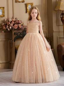 少女珍珠吊带星形网纱蝴蝶结装饰金色圣诞连衣裙，优雅公主裙，适合作为女孩生日礼物、青少年派对、婚礼、花童、毕业典礼礼服 - 香檳色 - 查看 5