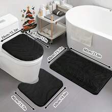 3pcs Wavy Bathroom Rug Set, Includes Bath Mat, Toilet Lid Cover, And Bathtub Mat, Soft & Comfortable, Absorbent & Non-Slip - Black - View 2