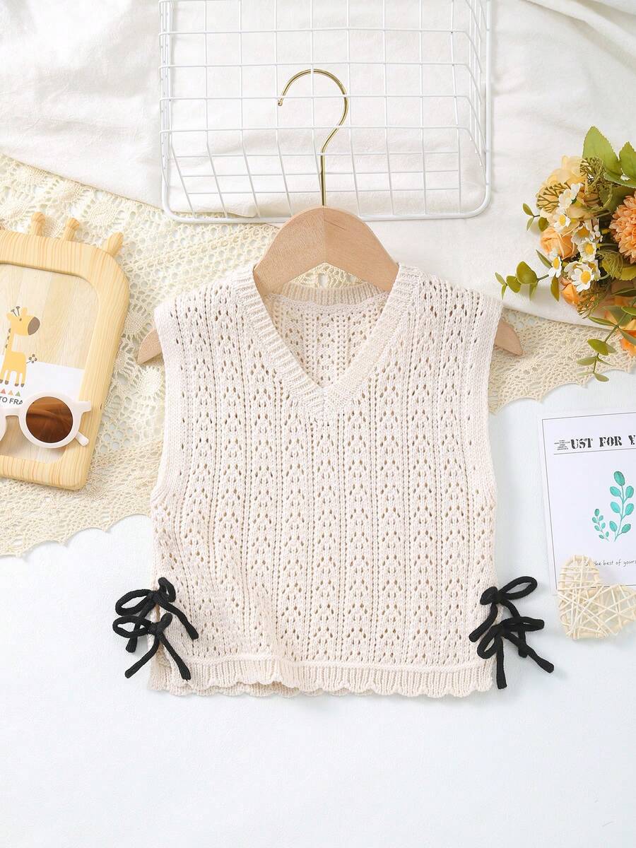 年轻女孩宽松针织V领背心，带侧蝴蝶结细节，春夏休闲风格 - 米色 - 查看 1