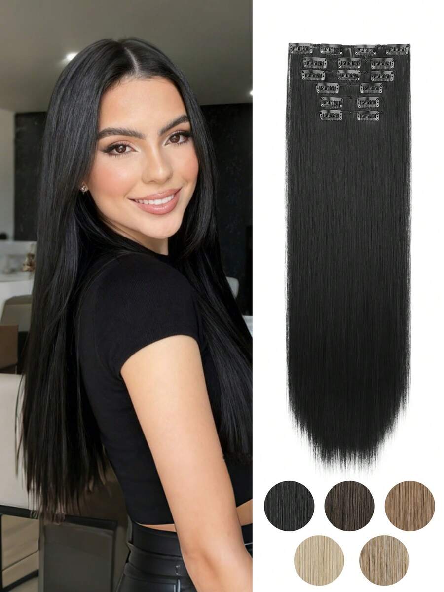 6片装夹式接发，20英寸隐形长款合成接发，外观自然，耐热纤维，适合女性和女孩日常或派对使用。 - 彩色 - 查看 1