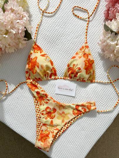 2pcs Plaid Print Contrast Color Full Body Graphic Elegant Fashion Beach Women Bikini Set, Backless Tie-Back, Suitable For Beach Vacation Sunbathing