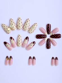 24pcs Almond-Shaped Acrylic Nail Stickers Set, Gift Box Packaging, Inspired By Croissant, Featuring Cocoa Brown & Cream Yellow Tones With Polka Dots, Iridescent Bubbles, Gold Glitter, Stars And Round Metal Beads. These Reusable Nail Stickers Are Easy To Apply And Suitable For Daily Wear, Dates, Parties And Outings. The Set Includes 1 Jelly Gel Sticker And 1 Nail File. Nails Nail Supplies - Multicolor - View 4