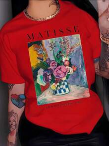 Vibrant Bouquet Of Peonies In A Checkered Vase On A Table With A Colorful Background Evoking Joy And Classic Art. Women's T-Shirt, 100% Cotton, 220g - 紅色 - 查看 8