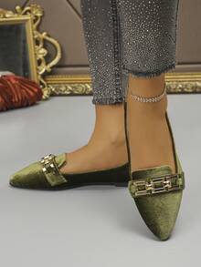 女士尖头蝴蝶结装饰套脚鞋，甜美风格户外日常休闲乐福鞋，软底工作鞋，驾车鞋，绿色丝绒金属装饰平底鞋，时尚办公尖头鞋 - 綠色金絲絨-方扣鏈條 - 查看 4