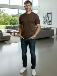 Men's Brown Ribbed Knit T-Shirt, Stylish, Short-Sleeved, Textured, Luxury Knit - 鏽棕色 - 查看 10