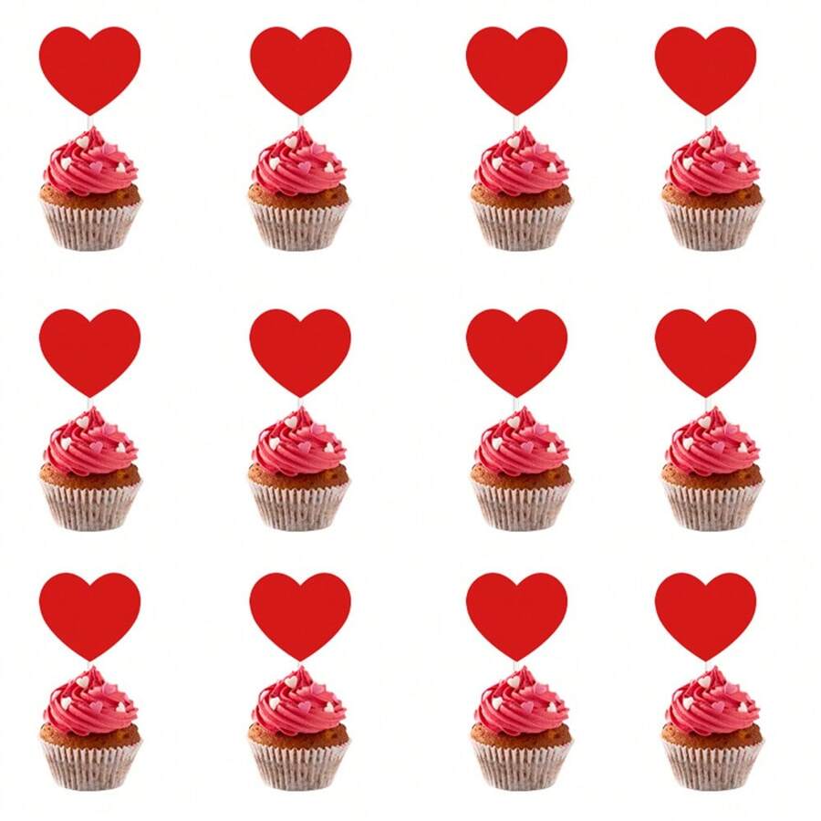24个情人节蛋糕红色心形纸杯蛋糕装饰插片，适用于甜品桌装饰、烘焙装饰，简约浪漫的节日元素配件，派对甜点装饰道具