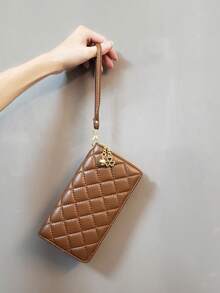 1pc Women's Long Zipper Wallet With Wrist Strap Clutch Purse Gold Color Luxury PU Leather Diamond Pattern Young & Elegant For Women Wallet Purse Wallet Long Wallet Wristlet Wallet Lanyard Money Wallet - Multicolor - View 12