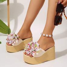 Women's Bow Decor Thick Sole Wedge Slide Sandals, Lightweight Open Toe Casual Beach Outdoor Slippers - White - View 3