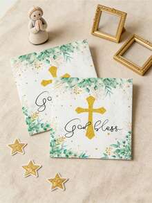 60pcs 13"X13" Baptism Theme Party Disposable Napkins, Elegant Blessing Design With White Background, Green Leaf & Gold Foil Cross "God Bless" Pattern, Suitable For Blessing Gatherings, Cozy Family Thanksgiving, Spring Spiritual Events - Multicolor - View 4