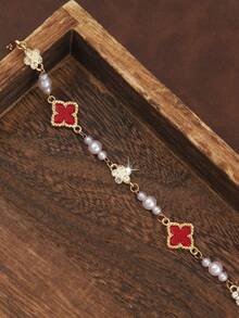 1pc Casual Elegant Design Mori Style Vintage Hong Kong French Romantic Geometric Heart Layered Bracelet - Red, White and Gold - View 3