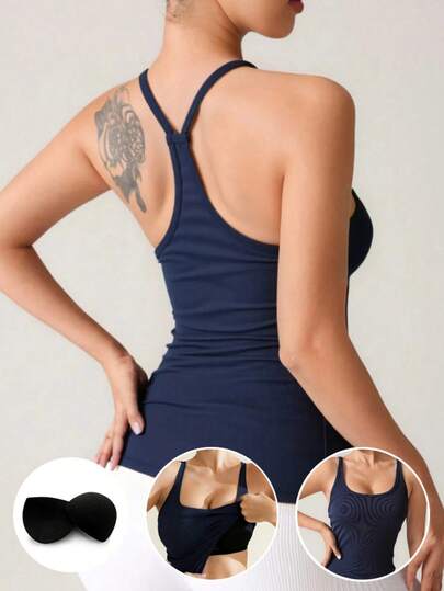 U-Neck Backless Camisole, Fitted, Breathable, Versatile For Women, Suitable For All Seasons, Fashion Sleeveless Top With Chest Pad