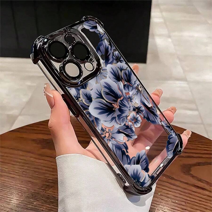 1pcs 1pcs Blue Floral Phone Case Compatible with Apple Phone17 16 15 14 13 12 11 ProMaxAntidrop Phone Case, Fullwrap Softshell, Vintage Minimalist Aesthetic, Elegant Stunning, Can Be Given To Friends or Lover - Negro - Ver 1