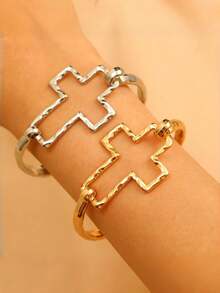 1 pieza Brazalete minimalista de aleación exagerado, versátil, de moda, creativo con cruz y corazón enchapado, regalo ideal para el Día de San Valentín - Multicolor - Ver 3