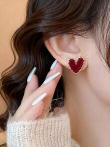 1 pereche de cercei în formă de inimă, stil retro și elegant, potriviți pentru purtare zilnică. - roșu - Vizualizare 1