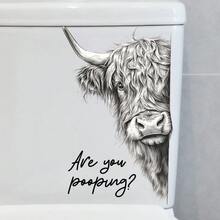 1/2pcs Funny Highland Cow Toilet Sticker, Waterproof Self-Adhesive Cow "Are You Pooping?" Text Wall Decal, Removable Vinyl Art Decor, Suitable For Bathroom Toilet Seat, Tank, Farmhouse Home Decor - Multicolor - View 5