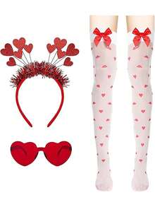 情人节爱心发箍眼镜蝴蝶结长袜爱心发圈发带头饰眼镜女士红色头饰发带太阳镜装扮节日婚礼生日派对配饰 - 彩色 - 查看 8